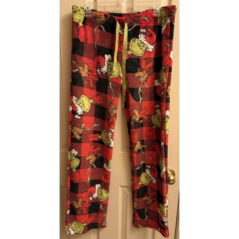 Dr‎ Seuss Womens Grinch Pajama Pants Red plush Christmas Holiday Size Large EUC